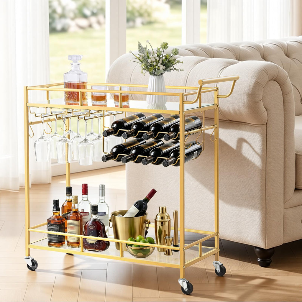 VEVOR Bar Cart, 3 Tiers Home Kitchen Serving Carts, Modern Rolling Utility Station on Wheels, Drink Beverage Trolley with Tempered Glass Shelves, Wine Rack, Glass Holder, for Living Dining Room, Gold