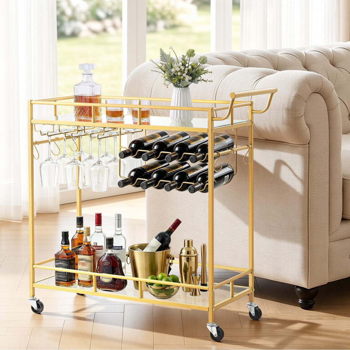 VEVOR Bar Cart, 3 Tiers Home Kitchen Serving Carts, Modern Rolling Utility Station on Wheels, Drink Beverage Trolley with Tempered Glass Shelves, Wine Rack, Glass Holder, for Living Dining Room, Gold