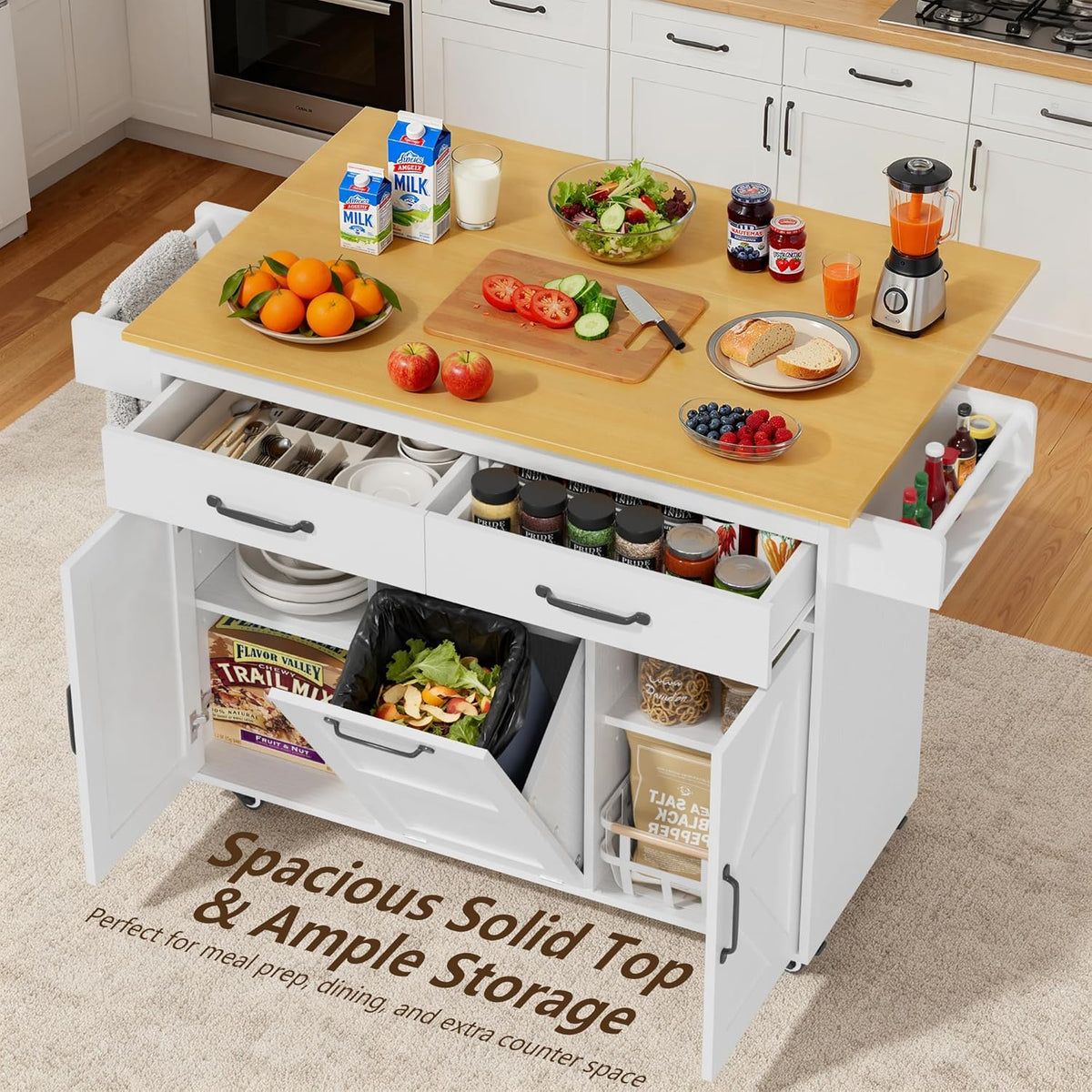 YESHOMY Kitchen Island on Wheels with Trash Cabinet, White & Brown