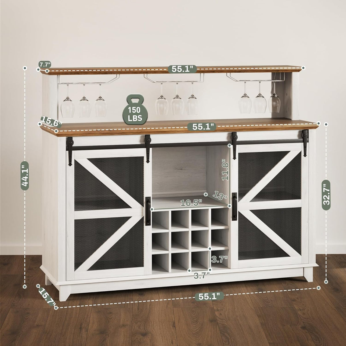 HOMCOM Farmhouse Coffee Bar Cabinet LED Lights 55" Distressed White