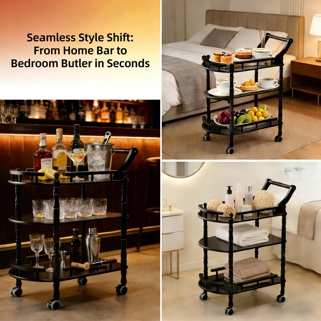 Entertainment Kitchen Cart, Midcentury Modern Imported rubberwood Brown Finished Wood 3-Tier Mobile Bar Cart Serving Cart