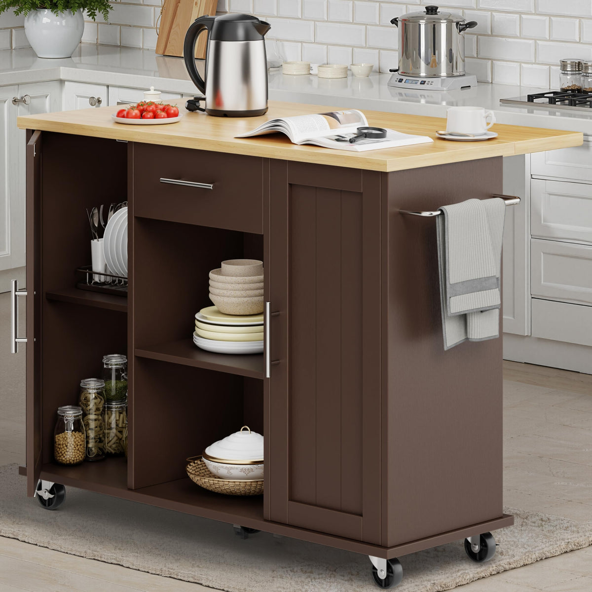 SUNLEI Rolling Kitchen Island Cart with Wheels, Island Table for Kitchen, Farmhouse Kitchen Cart with Drop Leaf & Towel Rack & Drawer, Kitchen Islands Table with Storage Cabinet, Grey