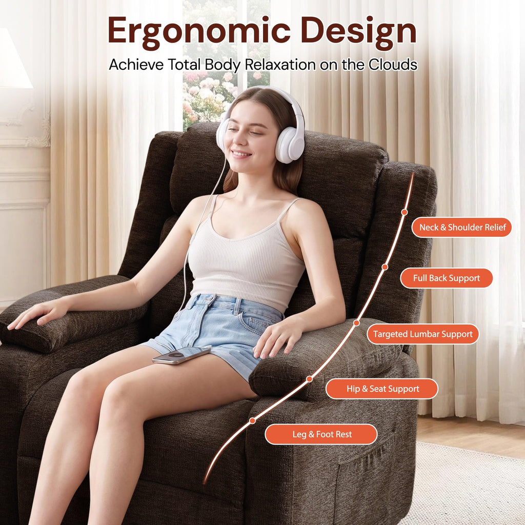 Korser Power Recliner Chair for Adults, Oversized Electric Recliner with Thickened Cushions, Reclining Chair for Bedroom, Living Room Chairs with Side Pockets, Chenille
