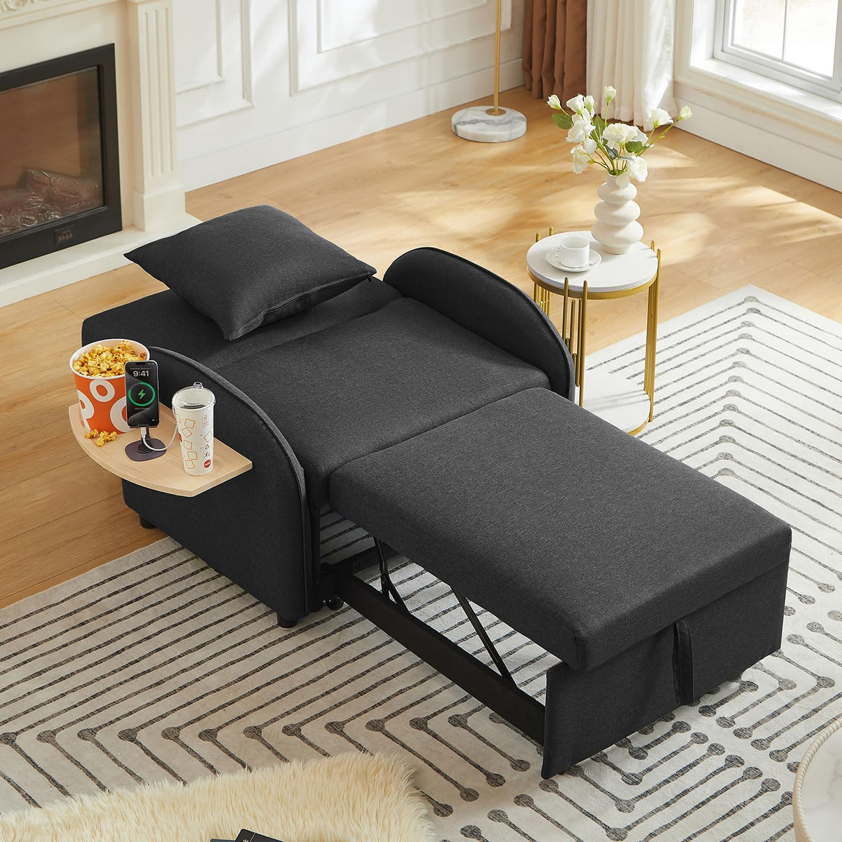 Convertible Single Sleeper Chair Bed,3 in 1 Velvet Futon Sleeper Sofa Bed with Phone Holder&USB Ports,Pull Out Couch Bed,Adjustable Recliner Armchair bed for Living Room,Office,Small Places(Grey)