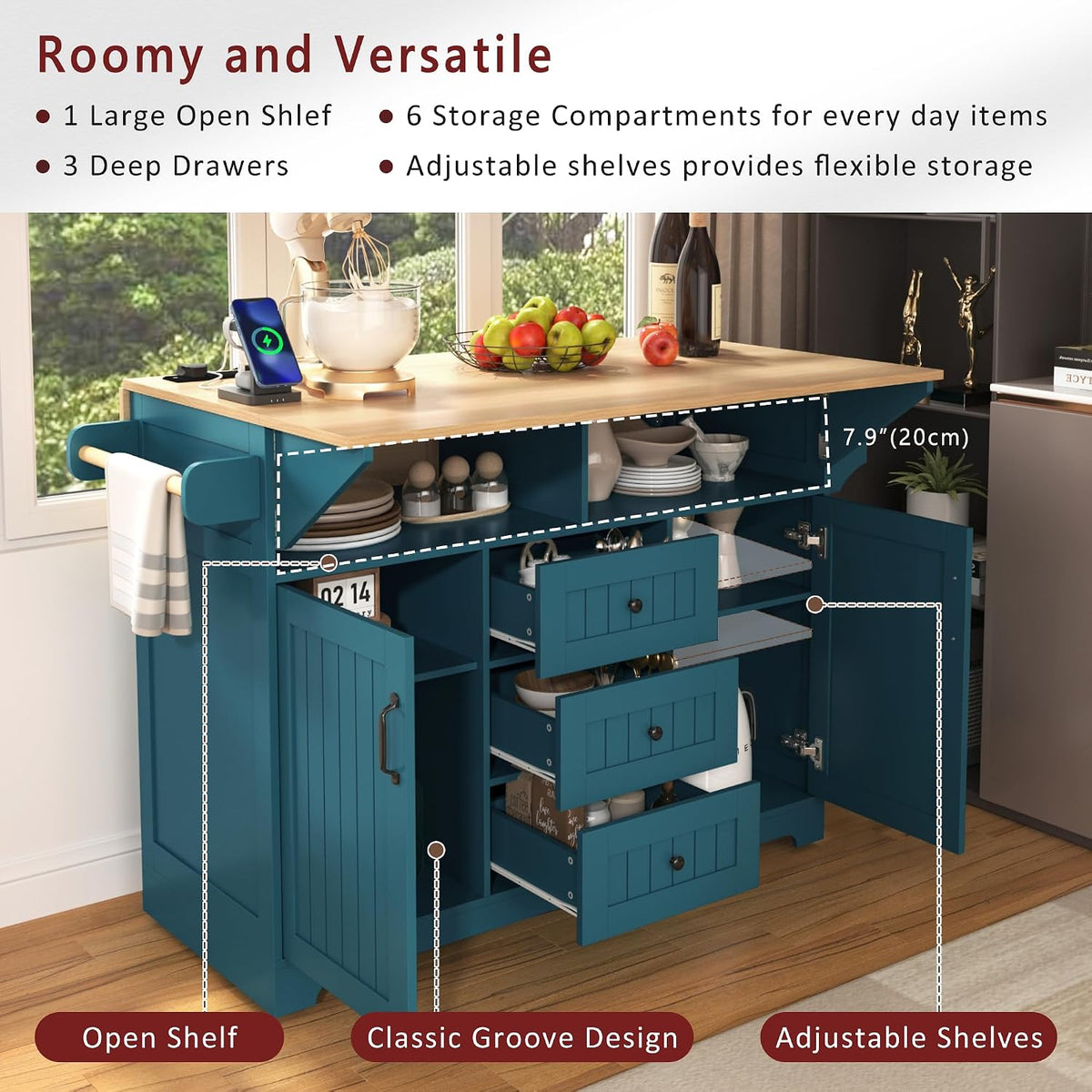 55.7'' Kitchen Island with 2 Drop Leaf for 4-6 Seating, Rolling Kitchen Cart with Power Outlet, 3 Drawers, Spice & Towel Rack, Folding Dining Table for Home Dining Room (Teal)