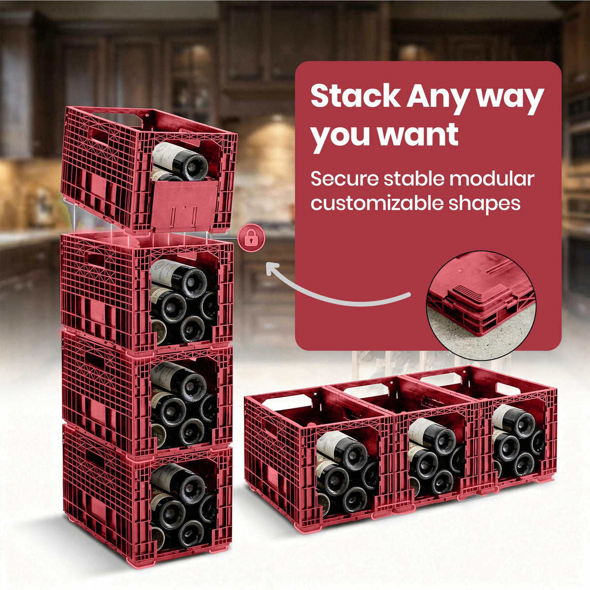 Stackable Wine Rack for Cabinet,12-Bottle Crate, Set of 6, Black