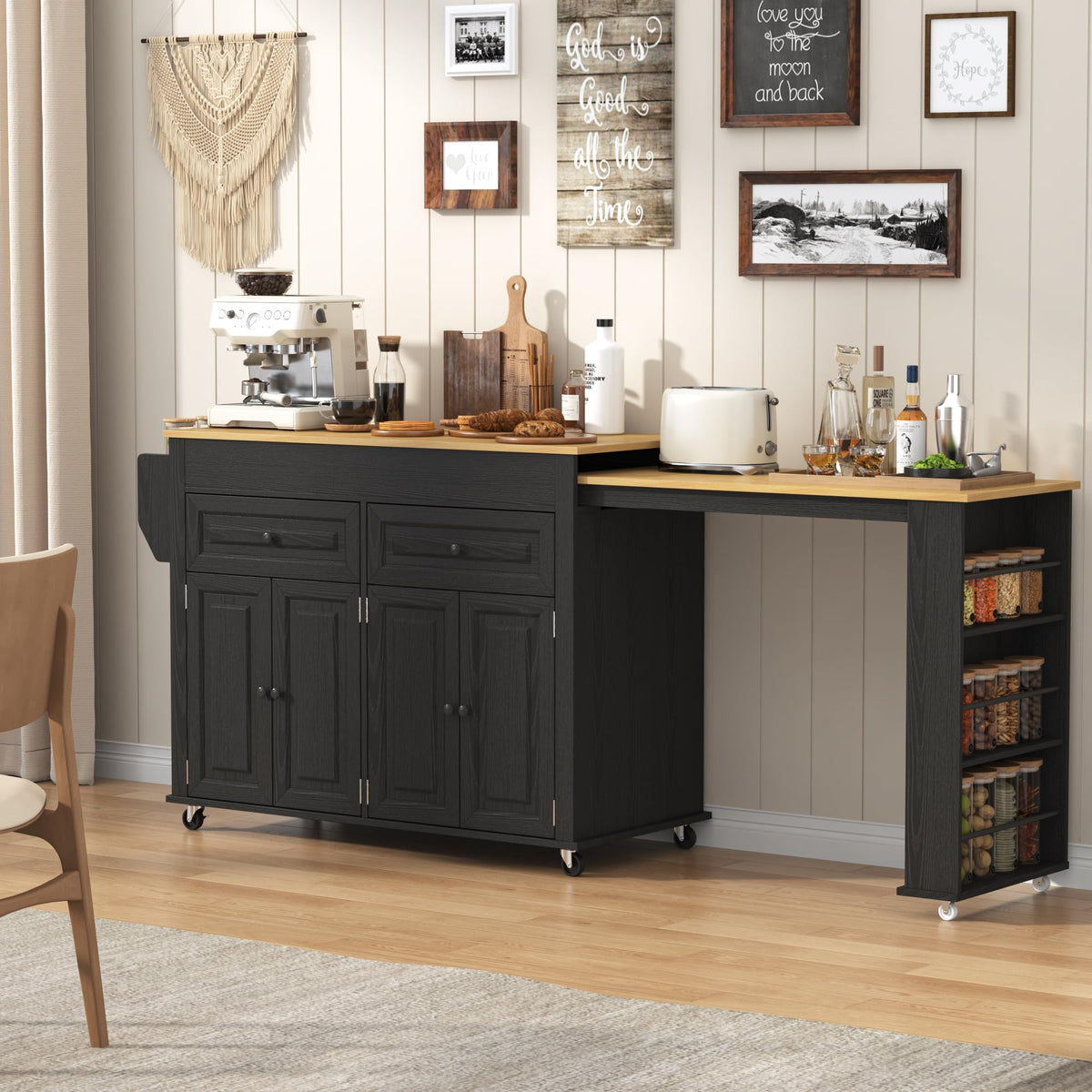 80"-48" Extendable Kitchen Island with Extended Dining Table and Power Outlet,Large Mobile Kitchen Storage Islands with 2 Storage Drawers,Rolling Islands Cart with 3 Extra Rows Open Shelves(Brown)