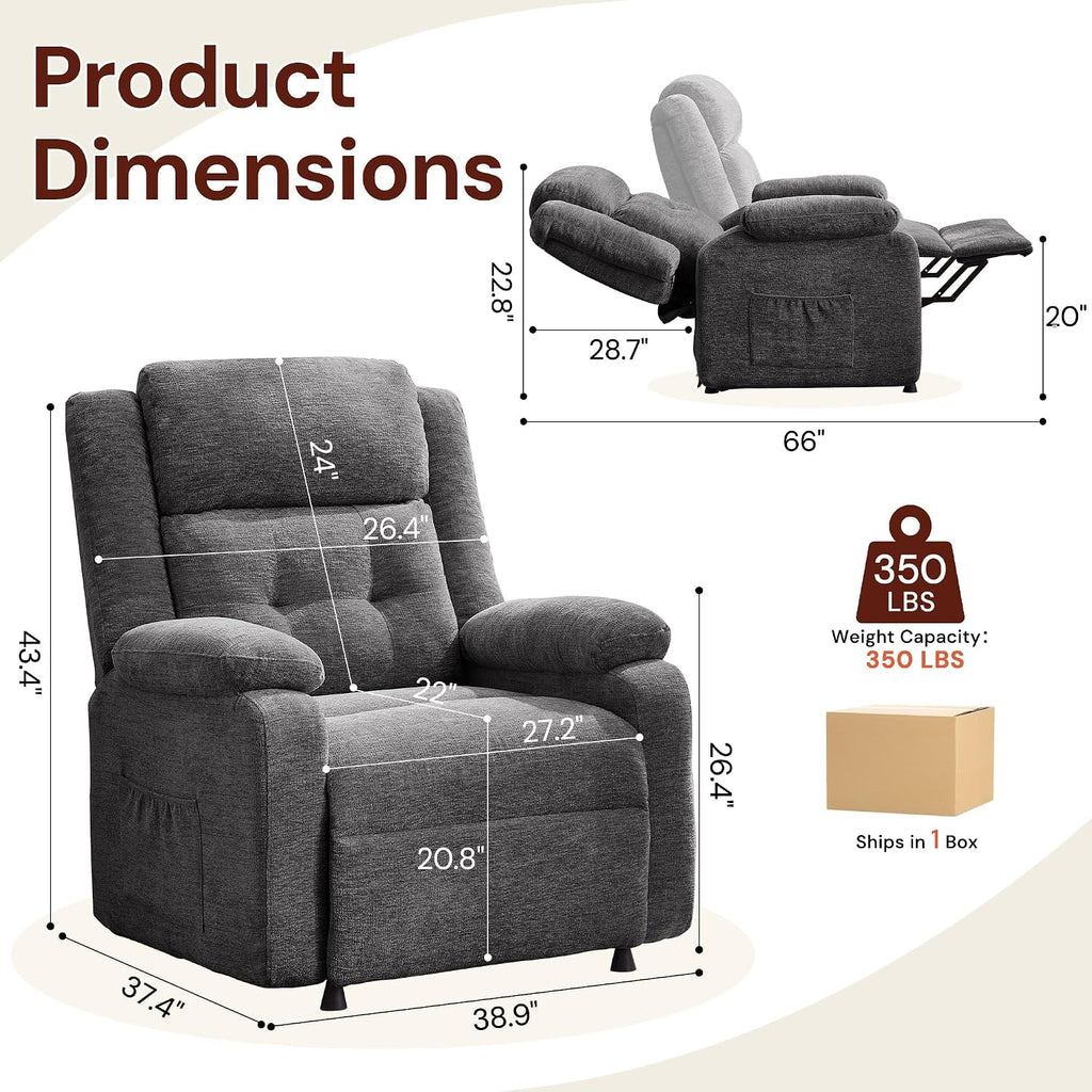 Korser Power Recliner Chair for Adults, Oversized Electric Recliner with Thickened Cushions, Reclining Chair for Bedroom, Living Room Chairs with Side Pockets, Chenille