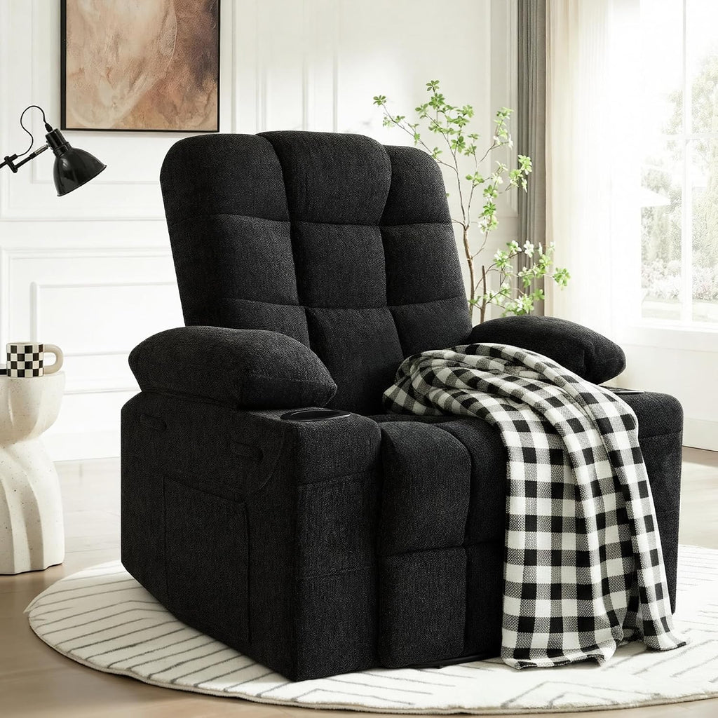 Swivel Rocker Recliner Chair,Recliner Single Sofa with Cup Holders, Manual Nursery Rocking Chair with Side Pockets, Modern Upholstered Recliner for Living Room,Apartment,Home Theater(Black)