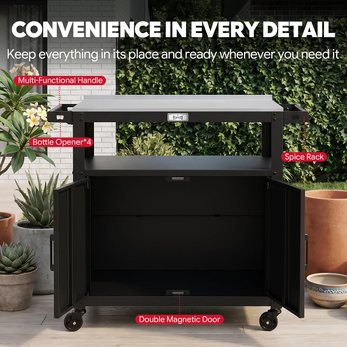 Feasto Outdoor Grill Cart w/Storage Cabinet, Stainless Steel Top, Brown
