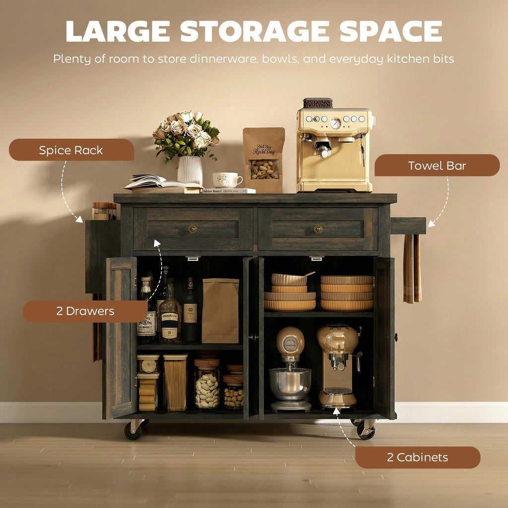 HOMCOM Kitchen Island Cart on Wheels with Solid Wood Top, 44" Cream White