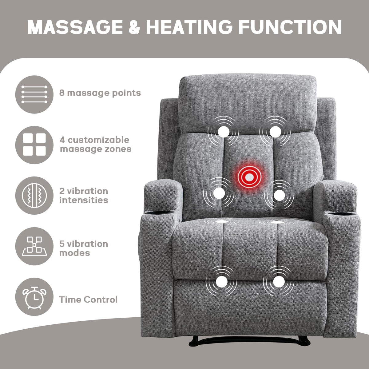 CANMOV Manual Recliner Chair with Massage and Heat, Soft Fabric Recliner Chair with Overstuffed Arm and Back, Manual Reclining Single Sofa with 2 Cup Holders, Side Pocket for Living Room, Dark Grey