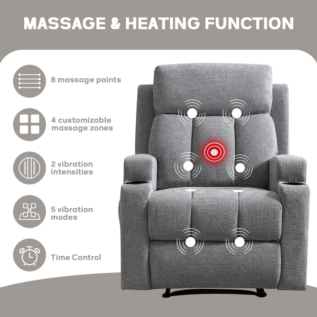 CANMOV Manual Recliner Chair with Massage and Heat, Soft Fabric Recliner Chair with Overstuffed Arm and Back, Manual Reclining Single Sofa with 2 Cup Holders, Side Pocket for Living Room, Dark Grey