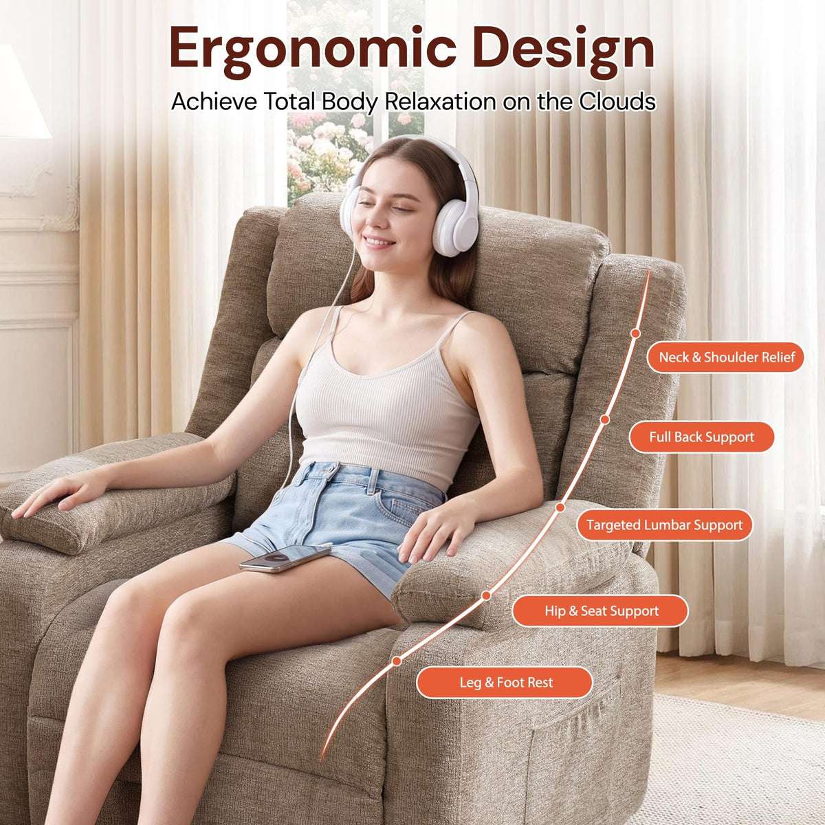 Korser Power Recliner Chair for Adults, Oversized Electric Recliner with Thickened Cushions, Reclining Chair for Bedroom, Living Room Chairs with Side Pockets, Chenille
