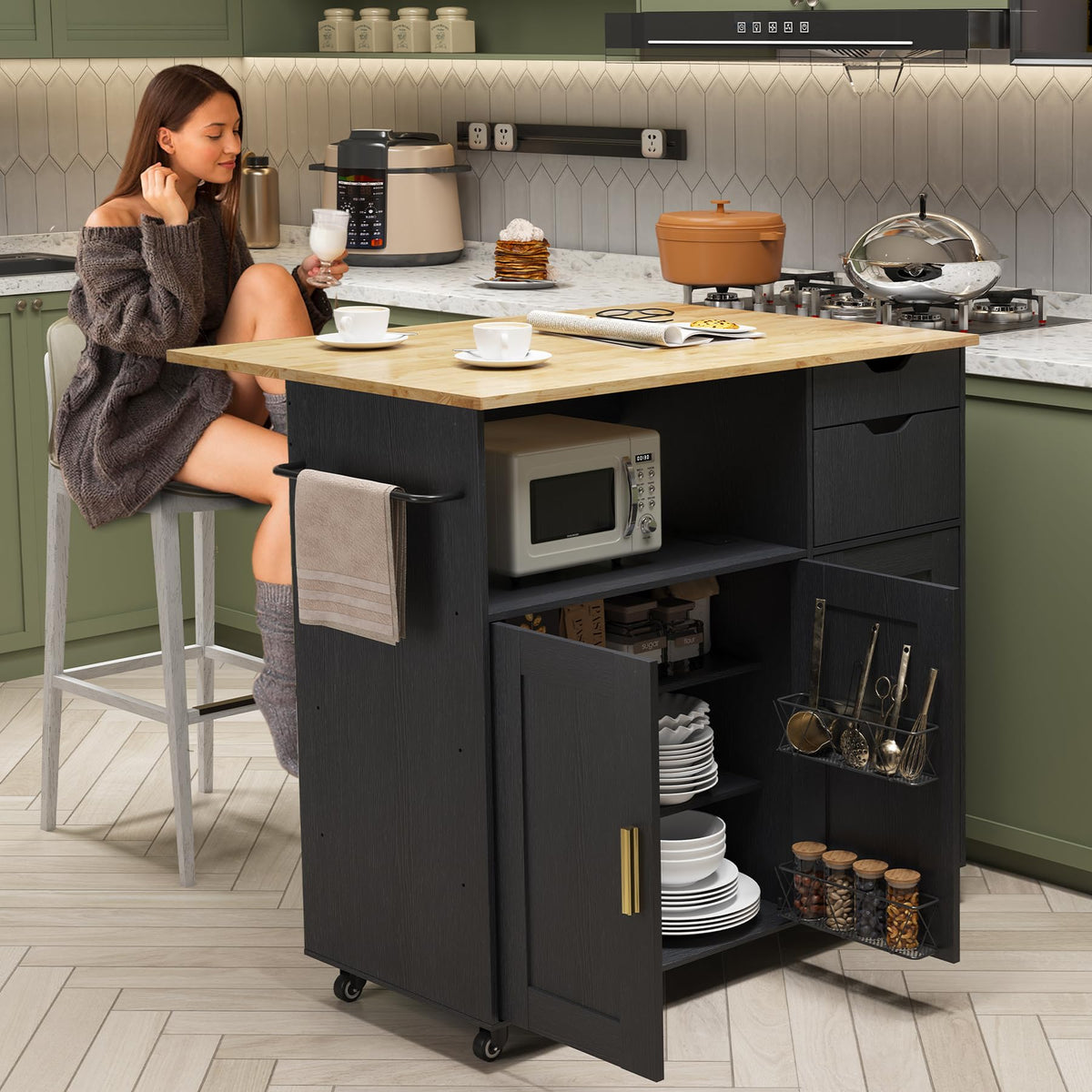 ASTRONAPE Rolling Kitchen Island Cart with Storage, Mobile Kitchen Island with Power Outlet, Large Wood Top, Drawers & Cabinets for Dining Room (White, Model 1)