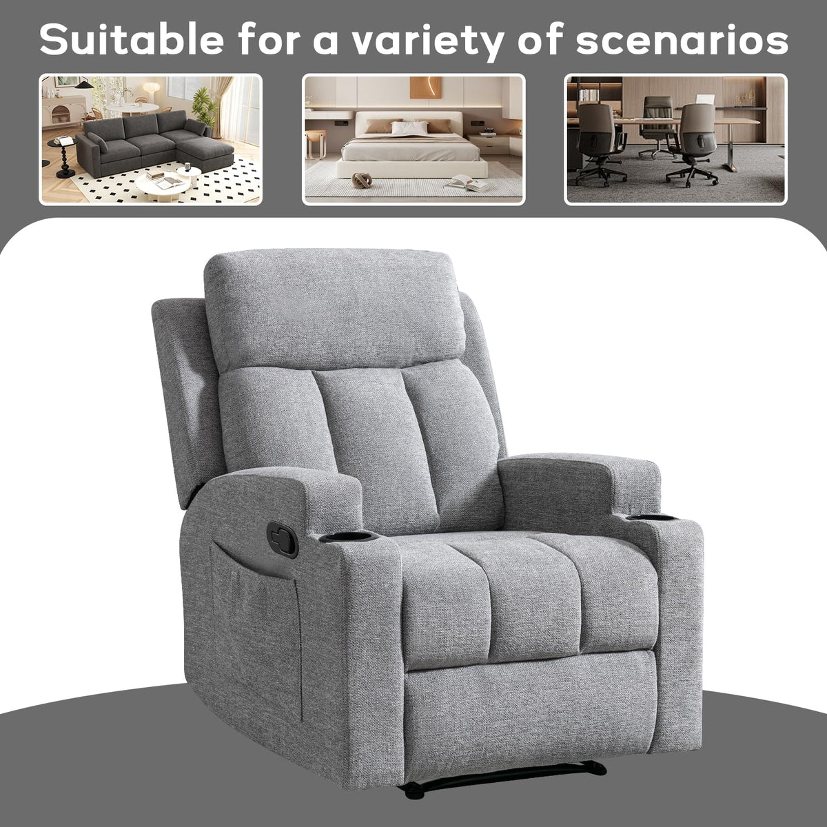 CANMOV Manual Recliner Chair with Massage and Heat, Soft Fabric Recliner Chair with Overstuffed Arm and Back, Manual Reclining Single Sofa with 2 Cup Holders, Side Pocket for Living Room, Dark Grey