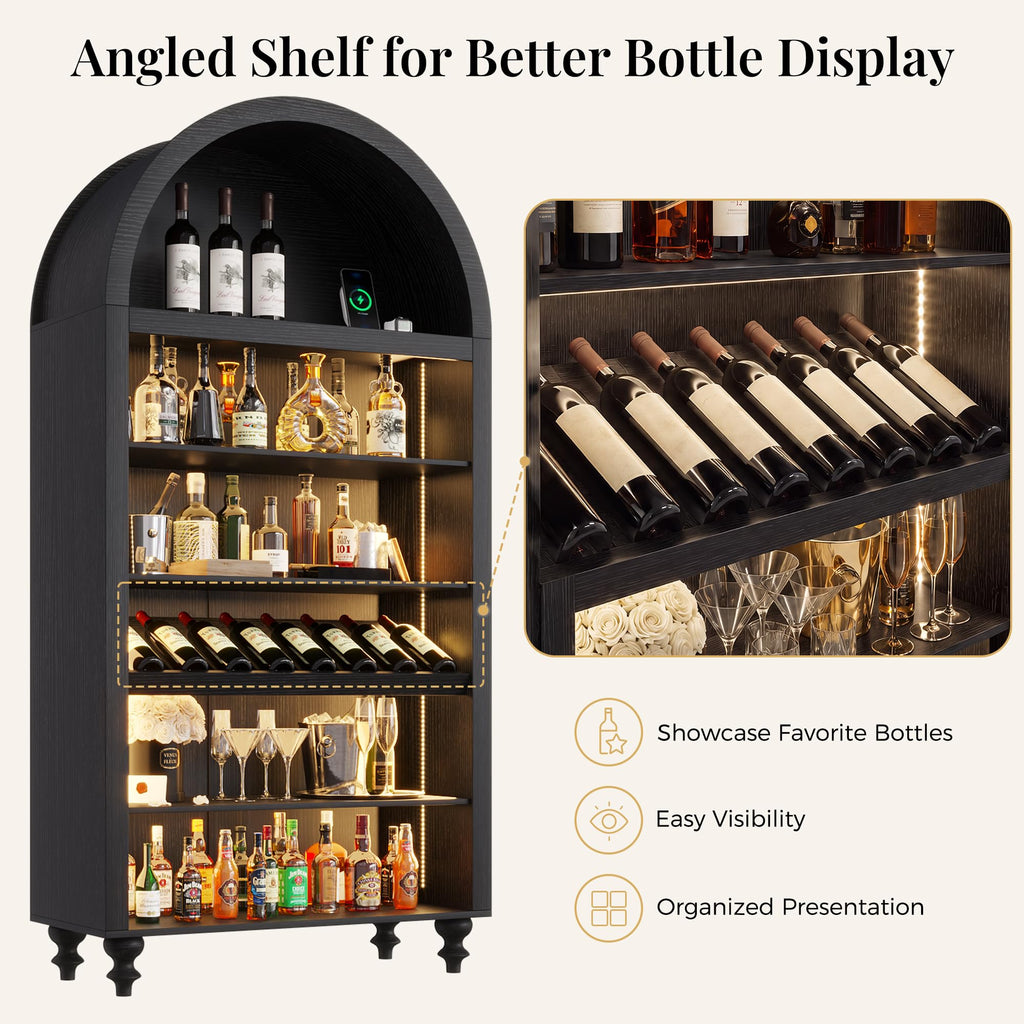 71" Tall Arched Wine Bar Cabinet with Wine Racks & Glass Holder, Wide Liquor Cabinets with LED Lights & Charing Ports, Kitchen Pantry Cupboard, Coffee Bar Storage Cabinet for Home, Dining Room (Oak)