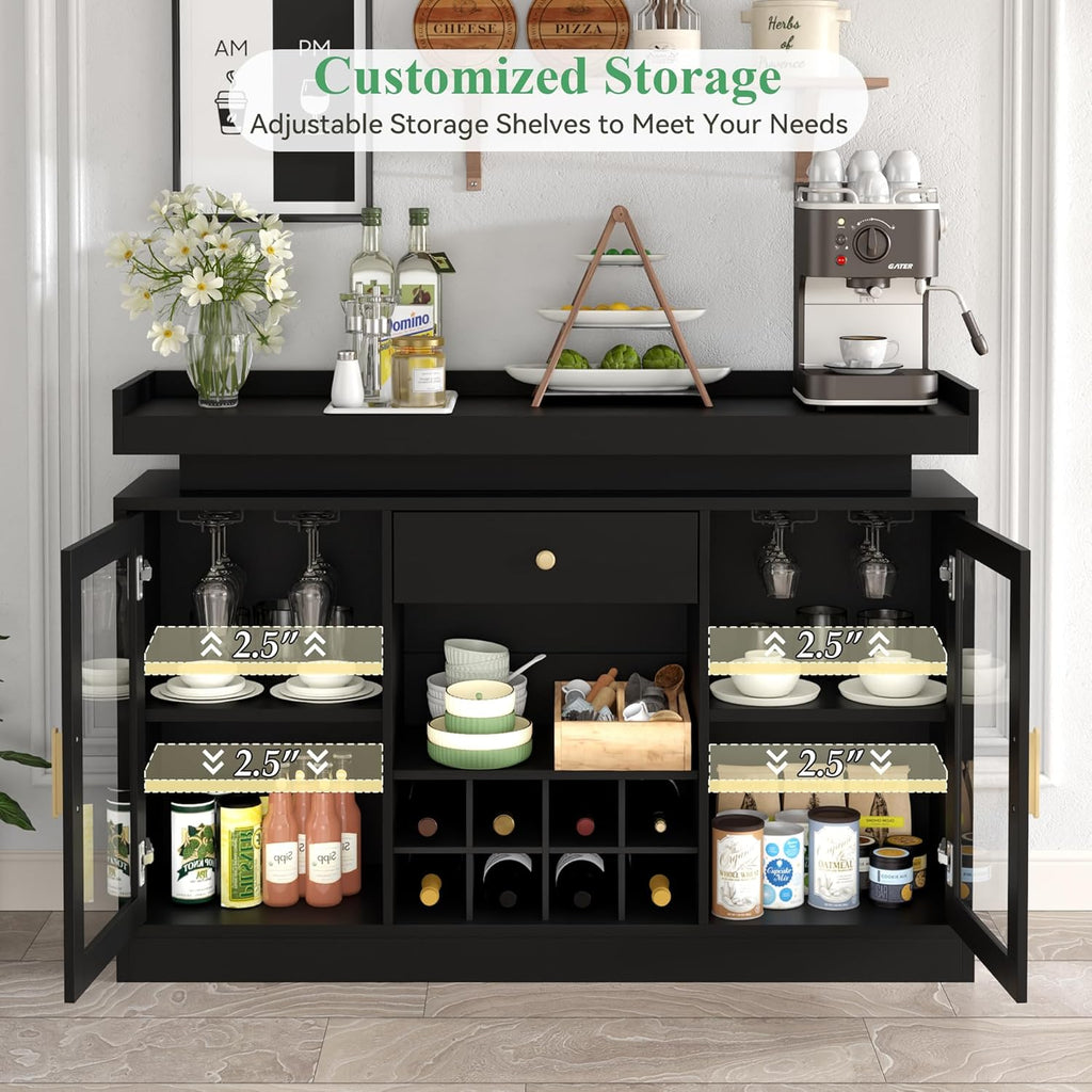 Wine Bar Cabinet with LED Light, Home Coffee Bar Cabinet w/ Wine&Glass Rack