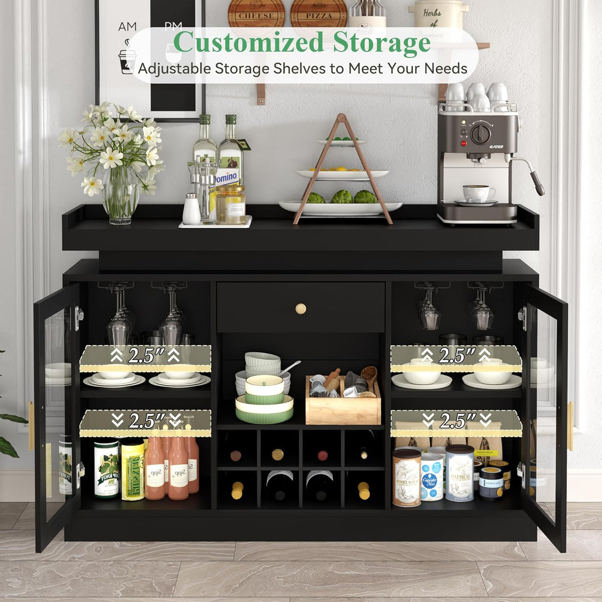 Wine Bar Cabinet with LED Light, Home Coffee Bar Cabinet w/ Wine&Glass Rack
