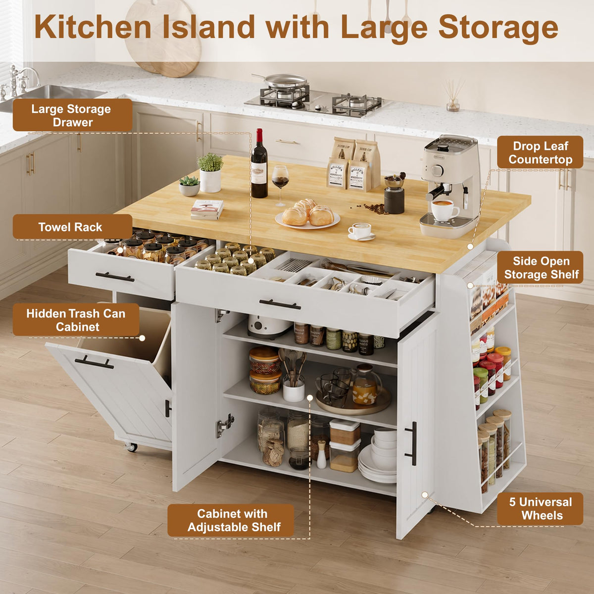 DreamDashio Kitchen Island with Storage, Rolling Kitchen Island with Swivel Table, Drawers & Shelves, Mobile Kitchen Island Cart with 360Â° Swivel Extendable Dining Table for Kitchen, Dining Room