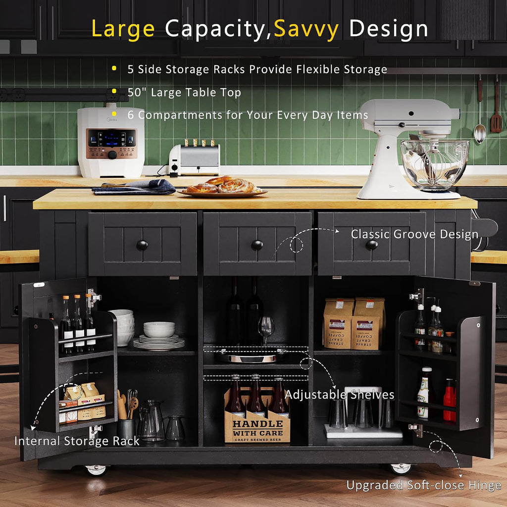 53" Large Kitchen Island with Drop Leaf & Power Outlet, Rolling Kitchen Cart on 5 Wheels with Internal Door Storage Rack, 5 Open Side Racks, 3 Drawers, 2 Doors for Kitchen Dining Room