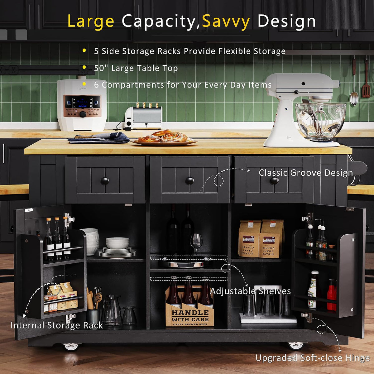 53" Large Kitchen Island with Drop Leaf & Power Outlet, Rolling Kitchen Cart on 5 Wheels with Internal Door Storage Rack, 5 Open Side Racks, 3 Drawers, 2 Doors for Kitchen Dining Room