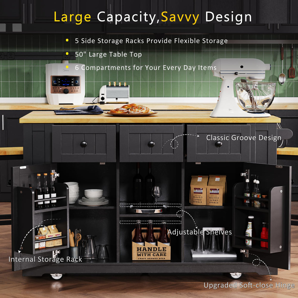 53" Large Kitchen Island with Drop Leaf & Power Outlet, Rolling Kitchen Cart on 5 Wheels with Internal Door Storage Rack, 5 Open Side Racks, 3 Drawers, 2 Doors for Kitchen Dining Room