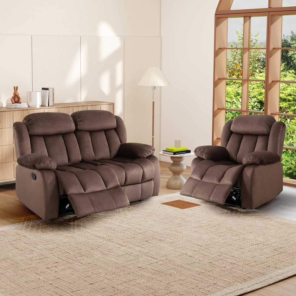 INZOY Manual Recliner Chair with Padded Armrest, Wall-Hugger Single Sofa Recliners with Overstuffed Back, Classical Fabric Reclining Chairs for Living Room Theater Seating, Brown