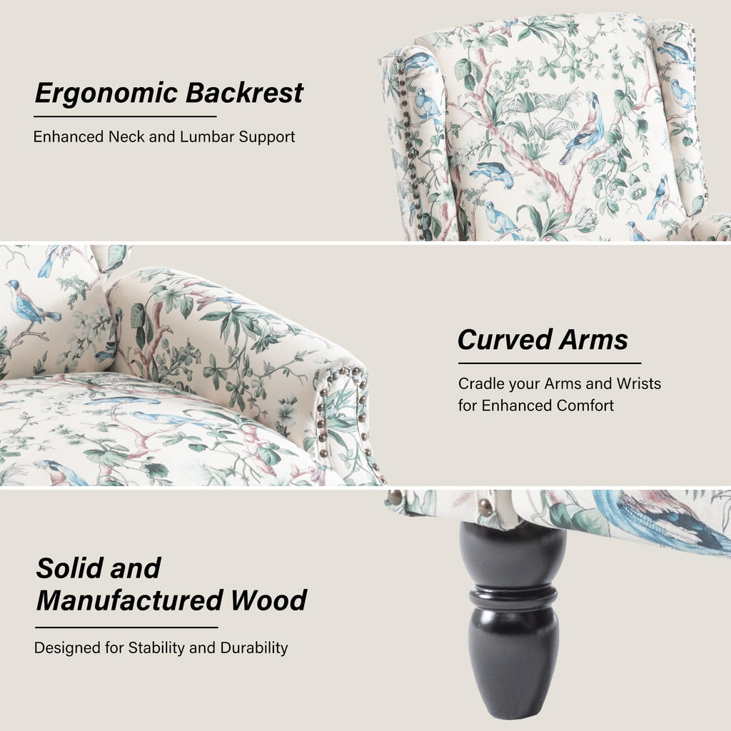 Wingback Floral Pushback Recliner Chair, Plants Beige, Set of 2
