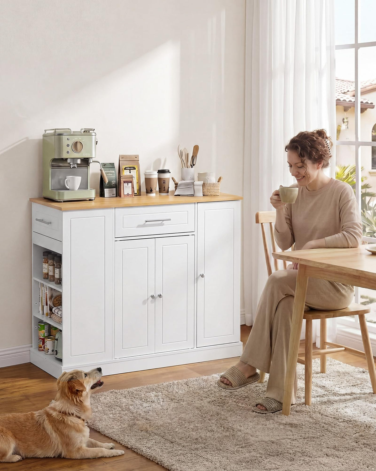 VEVOR Kitchen Island Cart with Storage, 47.64 in Wide Mobile Rolling Storage Island on Swivel Wheels, with 2 Drawers, Storage Cabinet, Drop Leaf, Towel Rack, Table for Home Dining Room, White