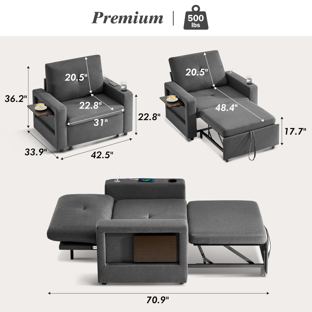 WEUP 3-in-1 Sleeper Sofa Chair Bed, 42.5" W Convertible Sleeper Chair with Pull Out Bed, USB Charging Ports & Wing Table, Cup Holder, Adjustable Backrest, Side Pockets (Premium, Beige)