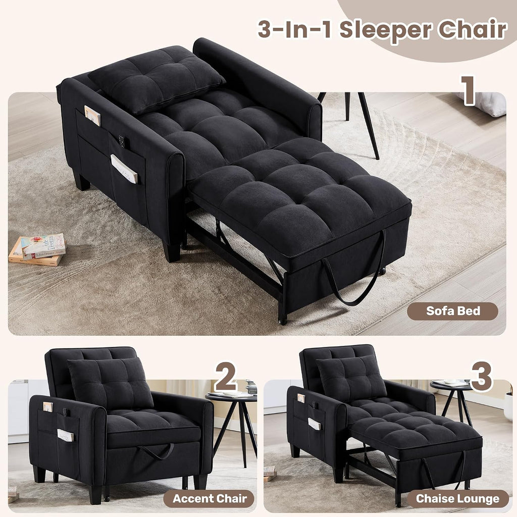 Convertible Sleeper Chair, 3 in 1 Sleeper Chair Bed Pull Out Sofa Bed Chairs, Single Sofa with Adjustable Backrest for Adults Reading Living Room, Bedroom, Black