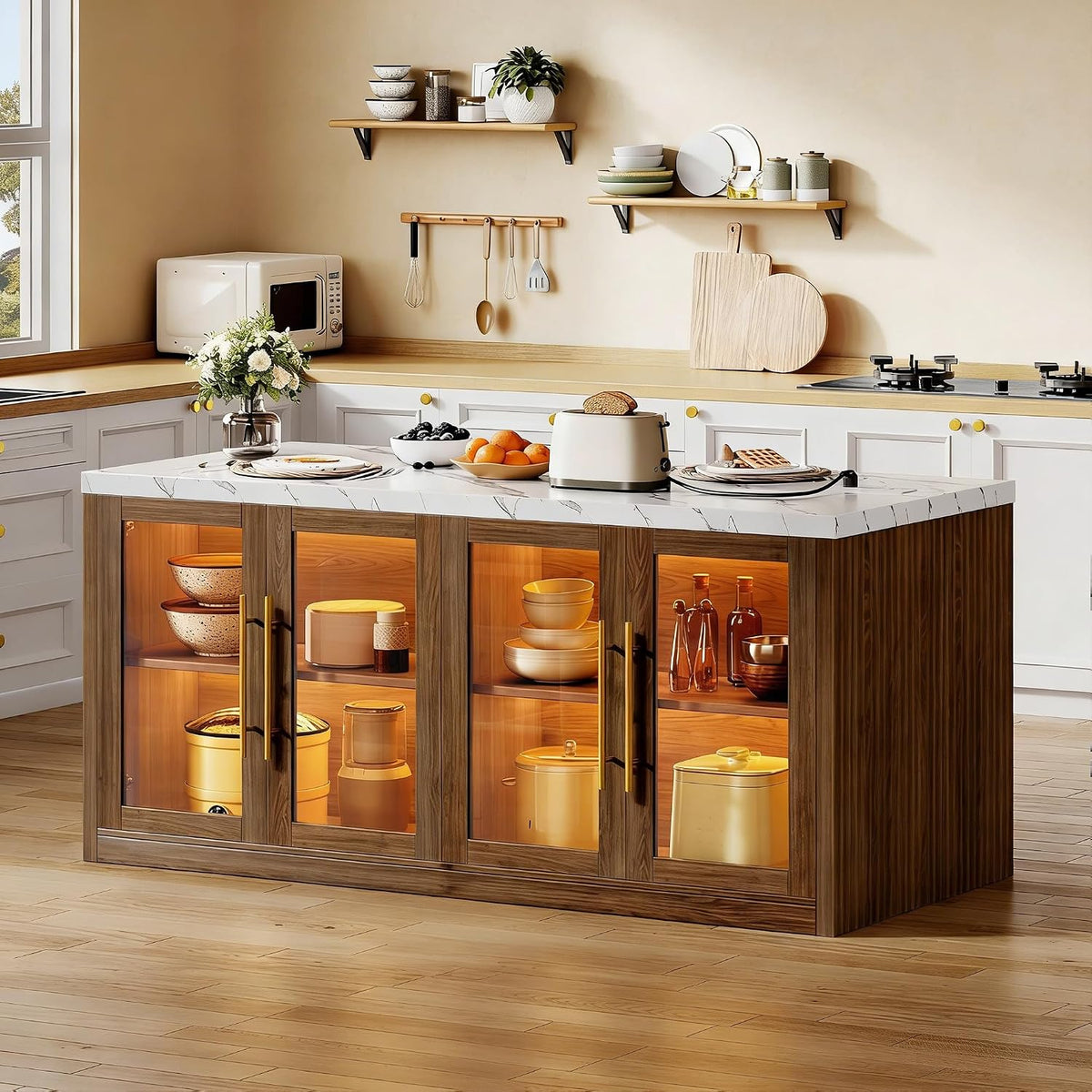 Kitchen Island with Storage, 55" Large Island Table with LED Light