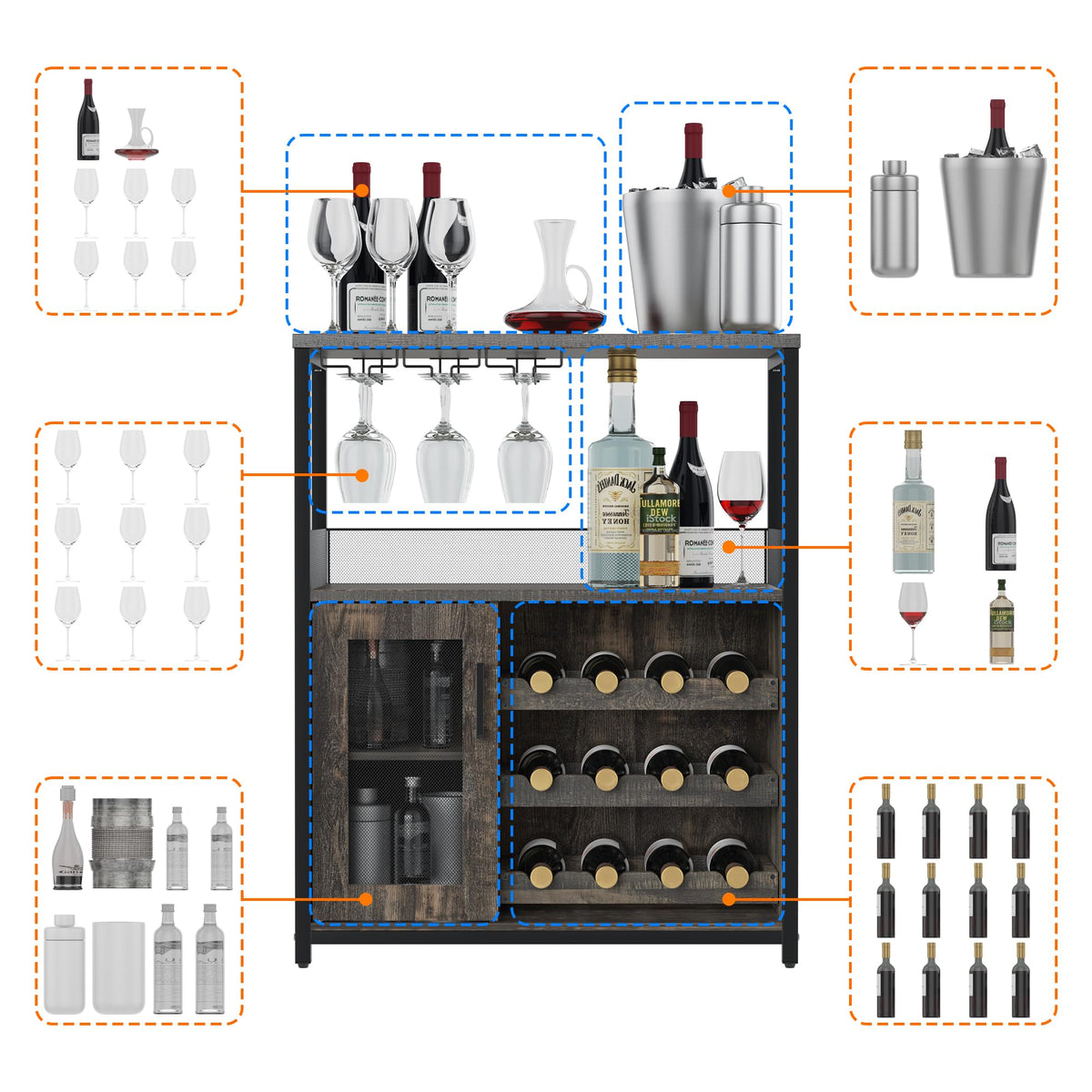Jojoka 3 Tier Wine Bar Cabinet with LED Lights, Adjustable Storage, Liquor Rack, Glass Holder, Mesh Door, Multi Functional Coffee Bar Sideboard Buffet for Home, Dining Room