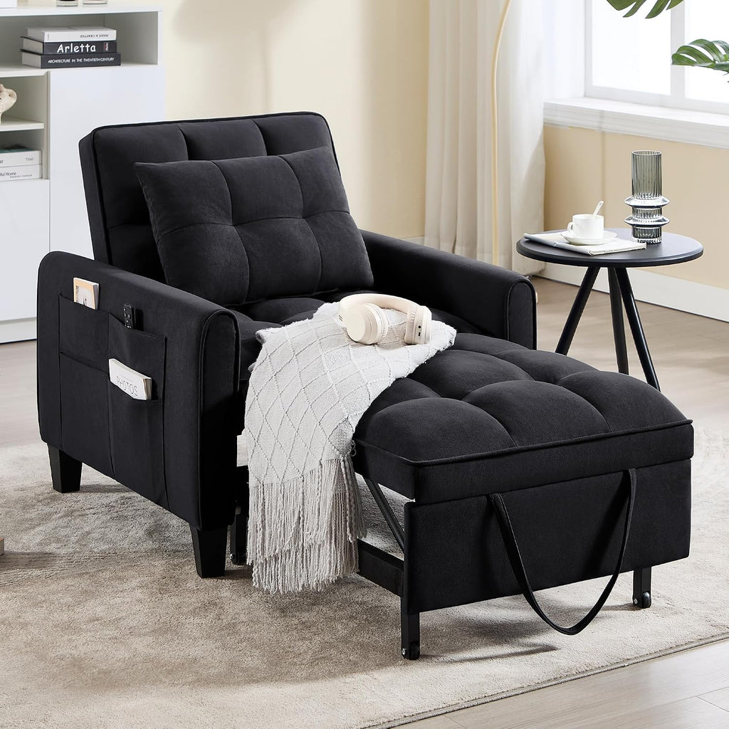 Convertible Sleeper Chair, 3 in 1 Sleeper Chair Bed Pull Out Sofa Bed Chairs, Single Sofa with Adjustable Backrest for Adults Reading Living Room, Bedroom, Black