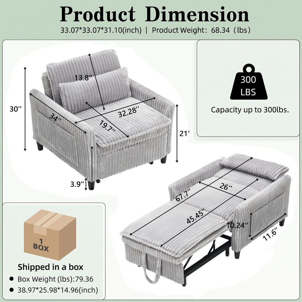 32" Convertible Sofa Chair Bed, 3âinâ1 Pullâout Sleeper Chair with Corduroy Fabric, Adjustable Backrest & Side Storage Pockets, SpaceâSaving Design for Living Room, Apartment, Bedroom (Yellow)