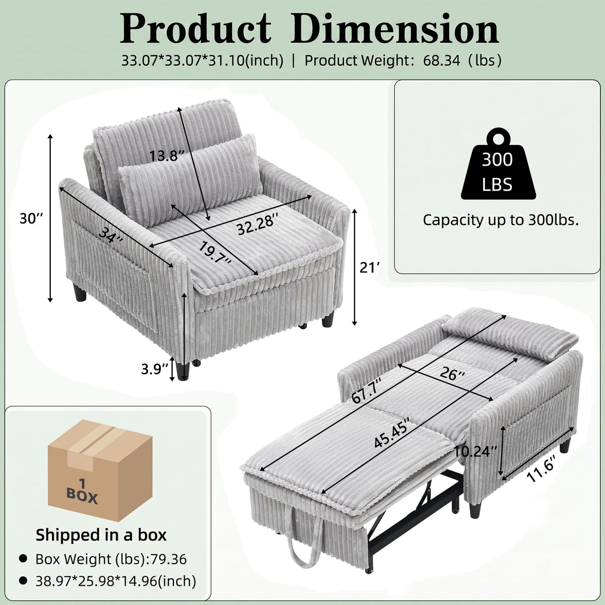 32" Convertible Sofa Chair Bed, 3âinâ1 Pullâout Sleeper Chair with Corduroy Fabric, Adjustable Backrest & Side Storage Pockets, SpaceâSaving Design for Living Room, Apartment, Bedroom (Yellow)