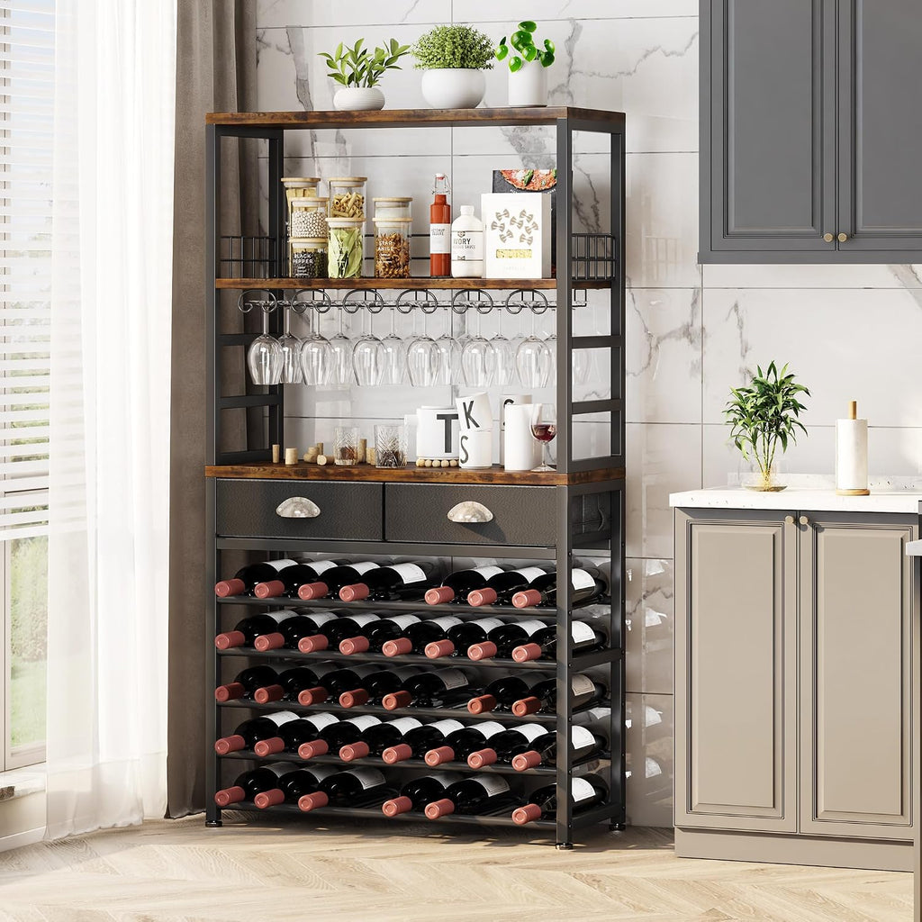 Homeiju Wine Cabinet with Storage, Wine Rack Freestanding Floor, 6-Tier with Tabletop, Drawer and Wine Storage for Home Bars