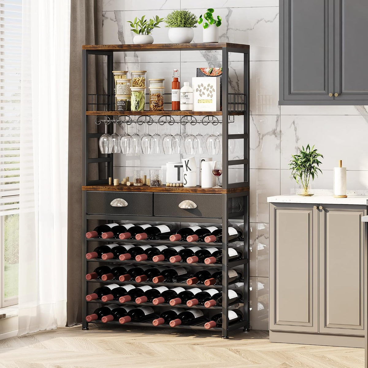 Homeiju Wine Cabinet with Storage, Wine Rack Freestanding Floor, 6-Tier with Tabletop, Drawer and Wine Storage for Home Bars