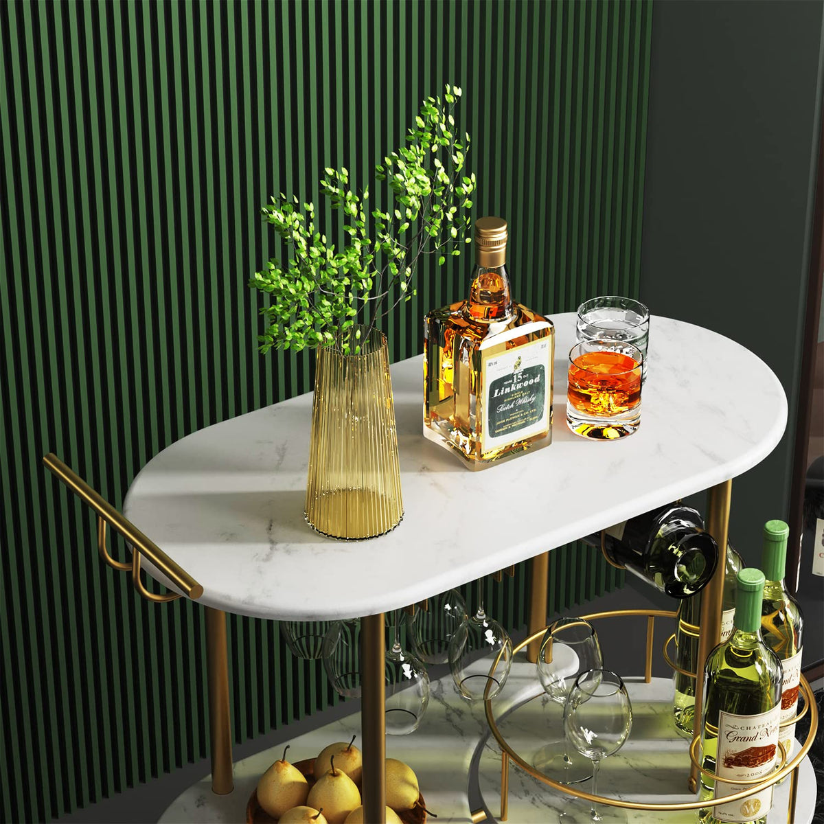 Light Gray Bar Carts with 4-Tier Storage Shelves, Mobile Bar Serving Cart with Wine Rack and Glass Holder, for The Home, Kitchen, Living Room, Dining Room