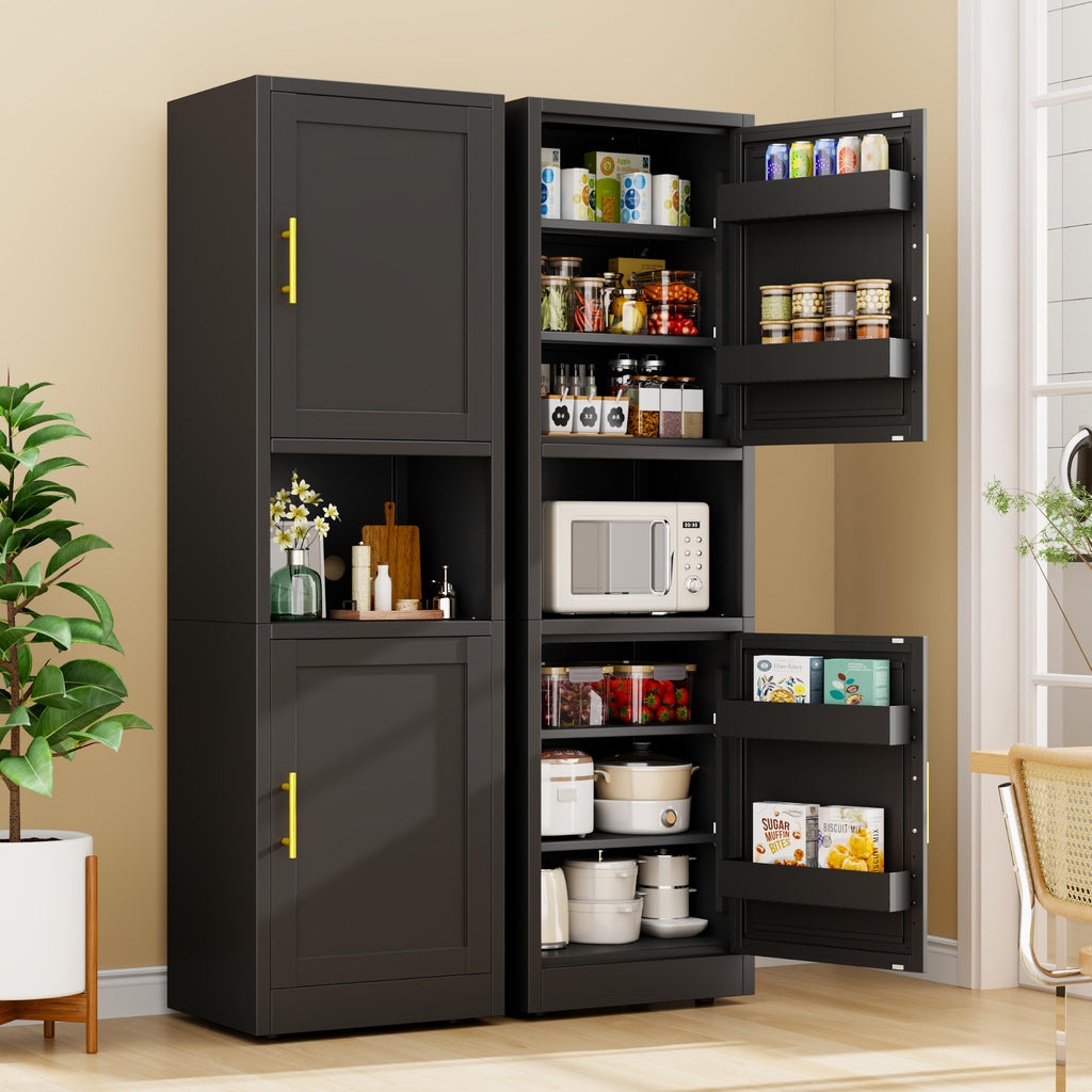67" Tall Metal Pantry Cabinet, Narrow Freestanding Storage Cabinet, Black