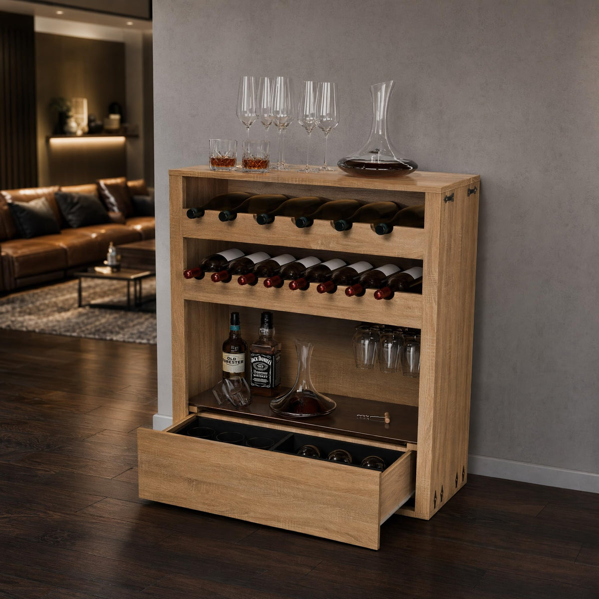 Liquor Cabinet with Wine Rack & Stemmed Holder & Drawer, Walnut