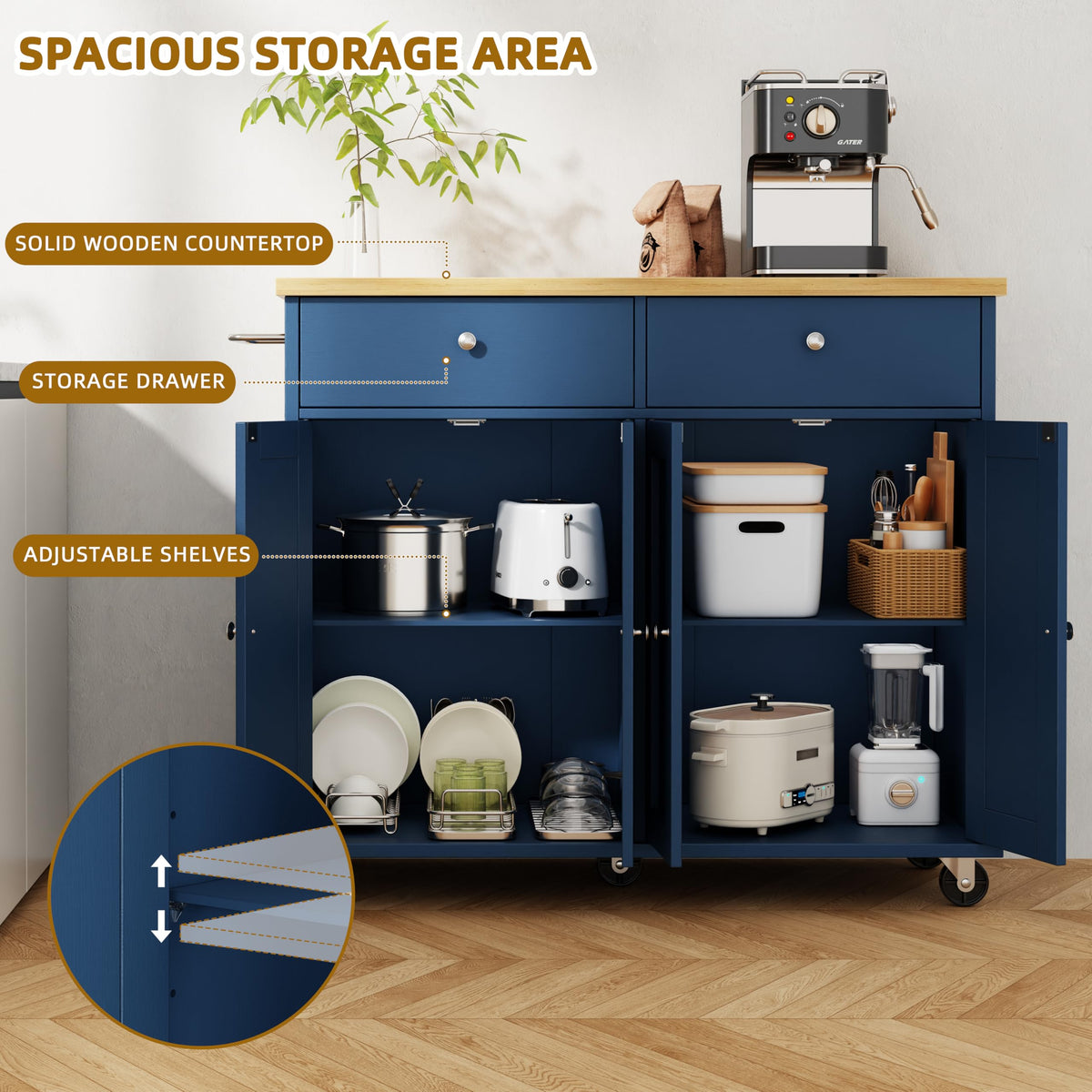 SUNLEI Kitchen Island with Storage, Kitchen Island on Wheels with Drop Leaf, Rolling Kitchen Island Cart with Cabinet and Drawers, Mobile Kitchen Storage Cart for Dining Room, White