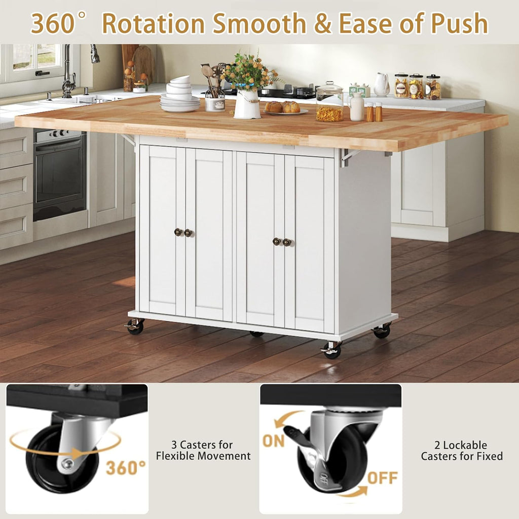 62.8" Rolling Kitchen Island with Double Drop Leaf Rubberwood Countertop, Mobile Kitchen Cart with Storage Cabinet & Lockable Wheels, Space-Saving Foldable Kitchen Prep Station for Dining Room, White