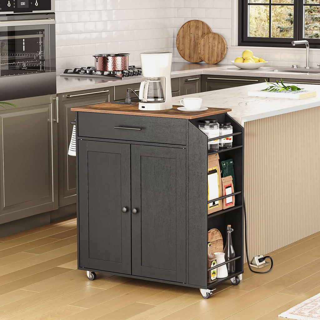 HOOBRO Kitchen Island with Power Outlet, Storage Island with Spice Rack and Drawer, Rolling Kitchen Cart on Wheels, for Home, Dining Room, Rustic Brown and Black