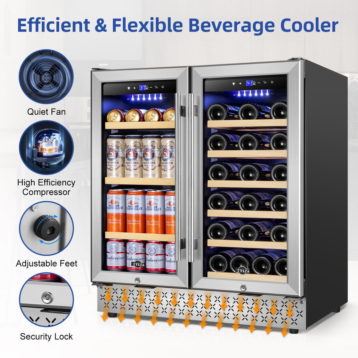 Tylza Wine Fridge 15'', 30 Bottles Wine Cooler Refrigerator, Undercounter or Freestanding, Removable Shelves, 40-65Â°F, Wine Cabinet with Double Glass Door, Wine Cooler for Home, Kitchen, Bar
