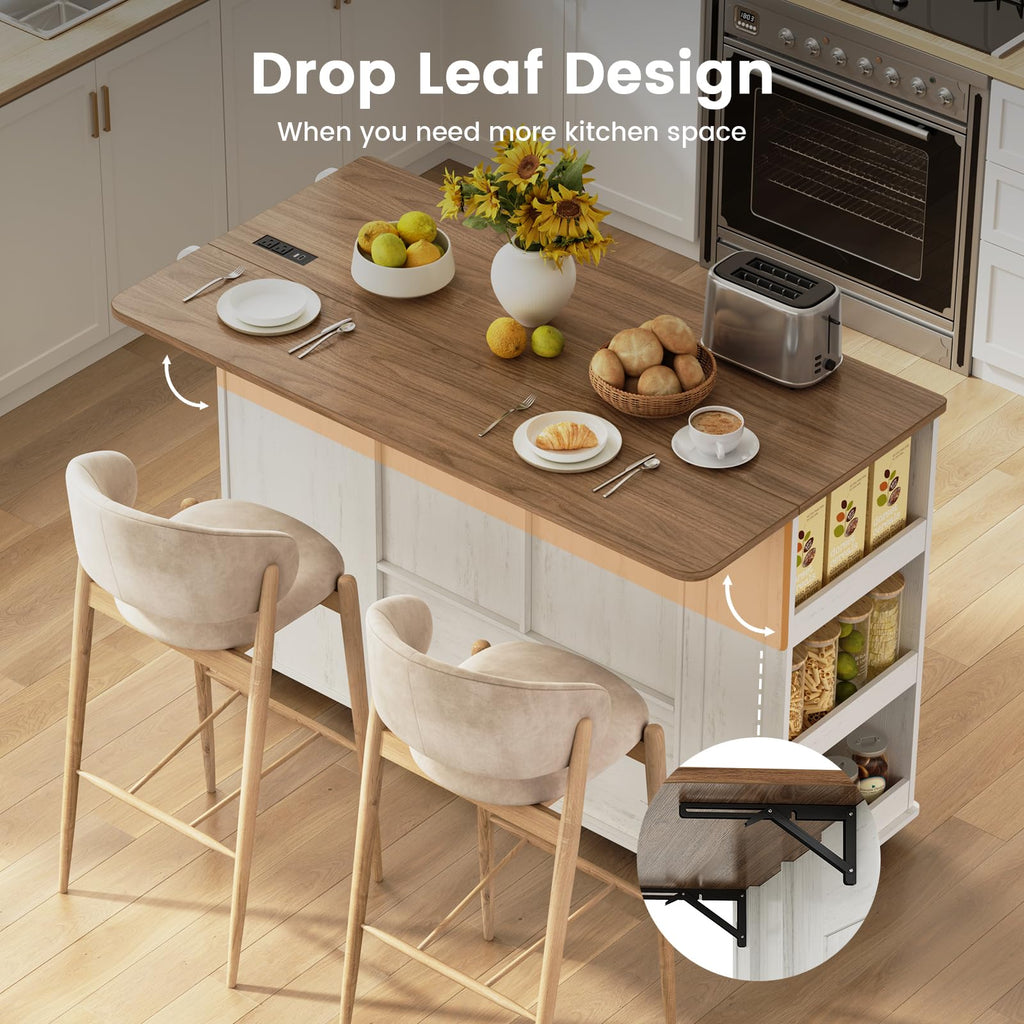 72" Rolling Kitchen Island with 360Â° Swivel Tabletop & Power Outlet,Mobile Kitchen Islands on Wheels with Storage,Farmhouse Wood Island Cart with Spice Rack,Rustic White