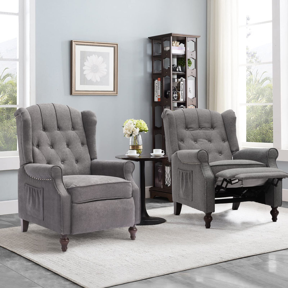 IPKIG Wingback Pushback Recliner Chair - Mid Century Recliner Armchair with Massage and Heat, Rivet Decoration, Button-Tufted Back, Solid Wood Legs for Living Room, Bedroom, Office(Beige)