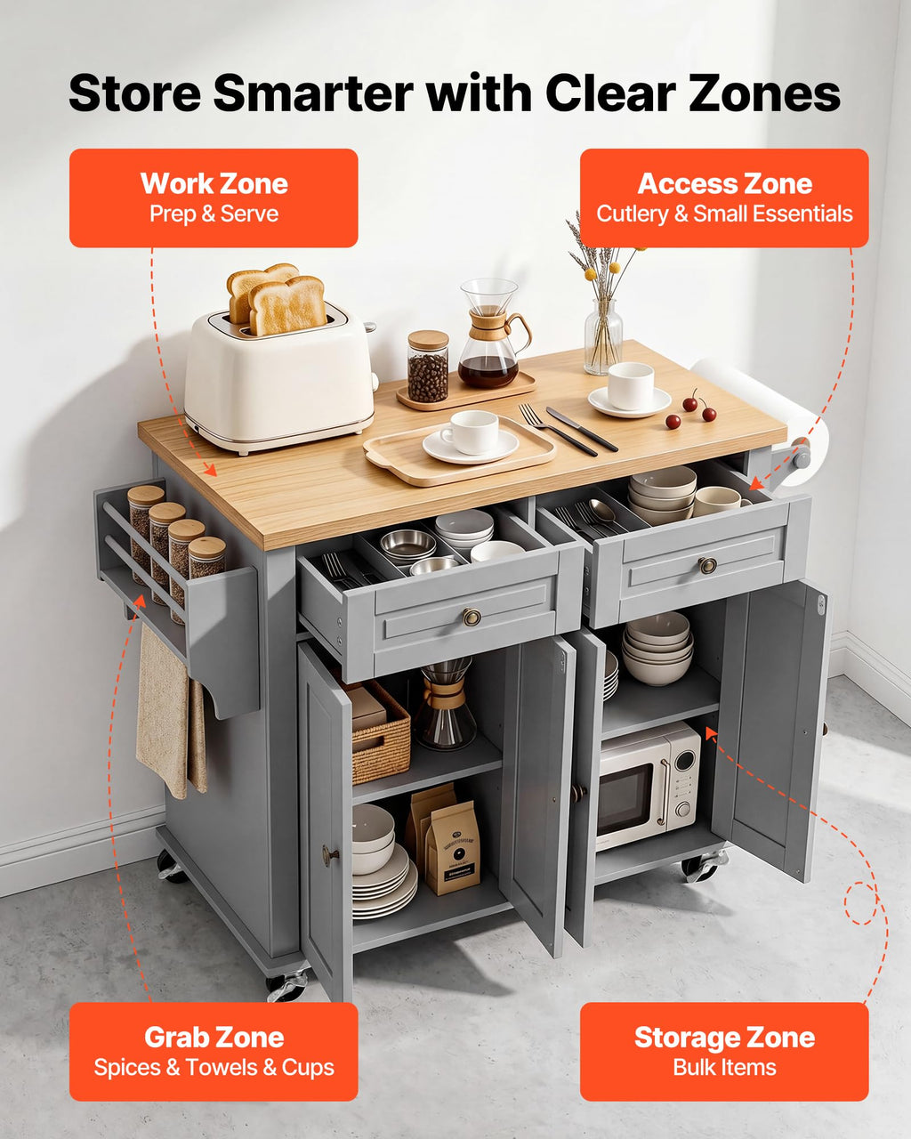 VEVOR Kitchen Island Cart with Storage, 43.58 in Wide Mobile Rolling Storage Island on Swivel Wheels, with 2 Drawers, Storage Cabinet, Drop Leaf, Spice/Towel Rack, Table for Home Dining Room, White