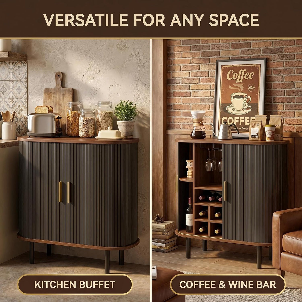 28 Inch Fluted Wine Bar Cabinet with Storage, Coffee Bar Cabinet with Sliding Tambour Doors, 8-Grid Wine Rack, Glass Holders, Adjustable Shelves, Sideboard Buffet Cabinet(Black)